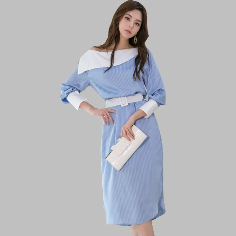 

HAMALIEL New Fashion Women Blue White Striped Loose Dress 2019 Spring Long Sleeve One Shoulder Dress Plus Size With Belt Dress