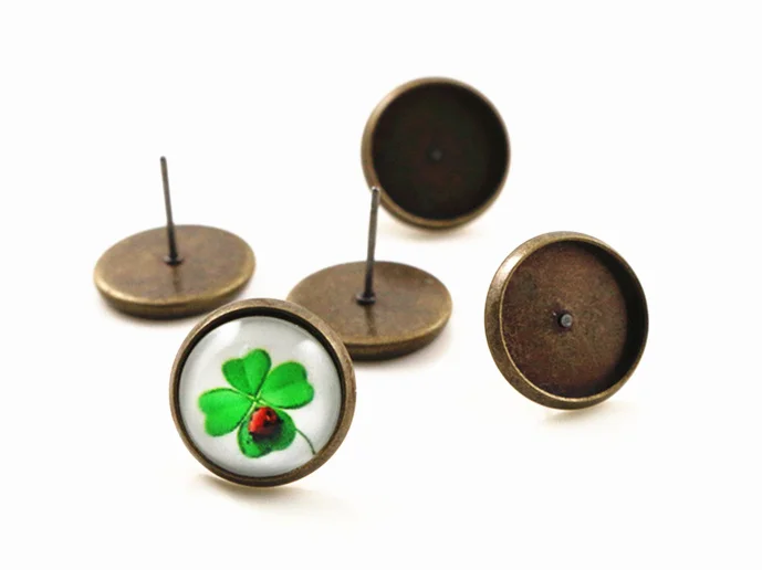 

12mm 100pcs Bronze Plated Earring Studs(with Ear plug) Earrings Blank/Base,Fit 12mm Glass Cabochons,Buttons (L3-29)