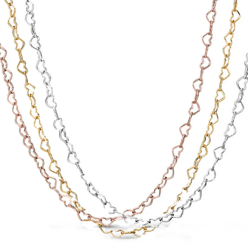 

New 925 Sterling Silver Necklace Rose Gold & Silver Joined Hearts Chain Necklace For Women Wedding Gift Pandora DIY Jewelry