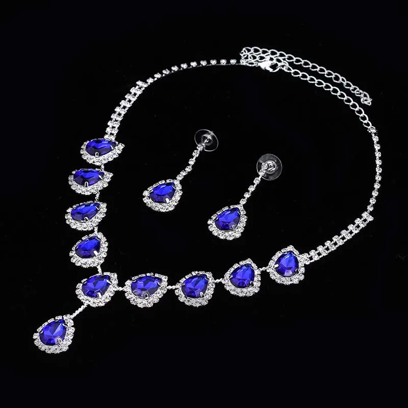 BLIJERY Королевский голубой кристалл свадебные комплекты ювелирных изделий капля ожерелье Комплект сережек для женщин вечерние обручальные свадебные комплекты ювелирных изделий