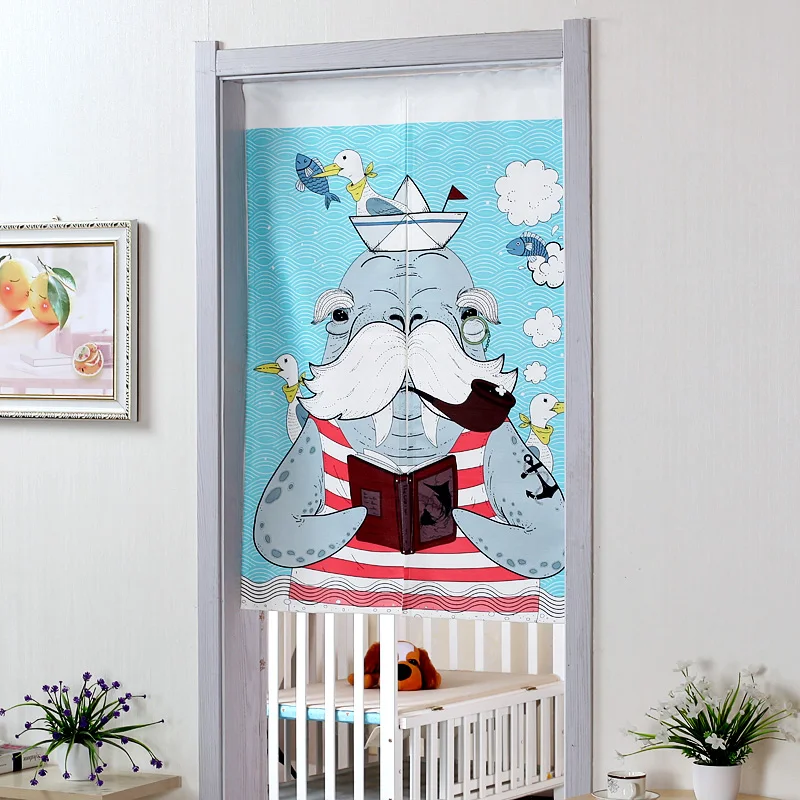Kitchen Fabric Door curtains Blue Cartoon Animal Duck Sea Print doors