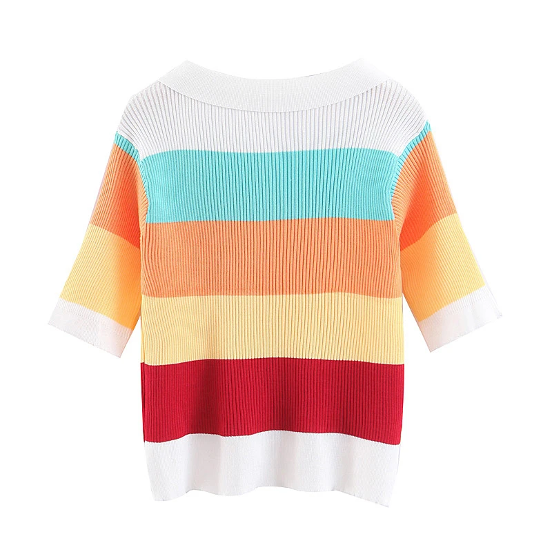 Chu Sau beauty сладкий шик цветной блок трикотажная рубашка поло для женщин Повседневный стиль свободный однобортный свитер Vestidos De Mode