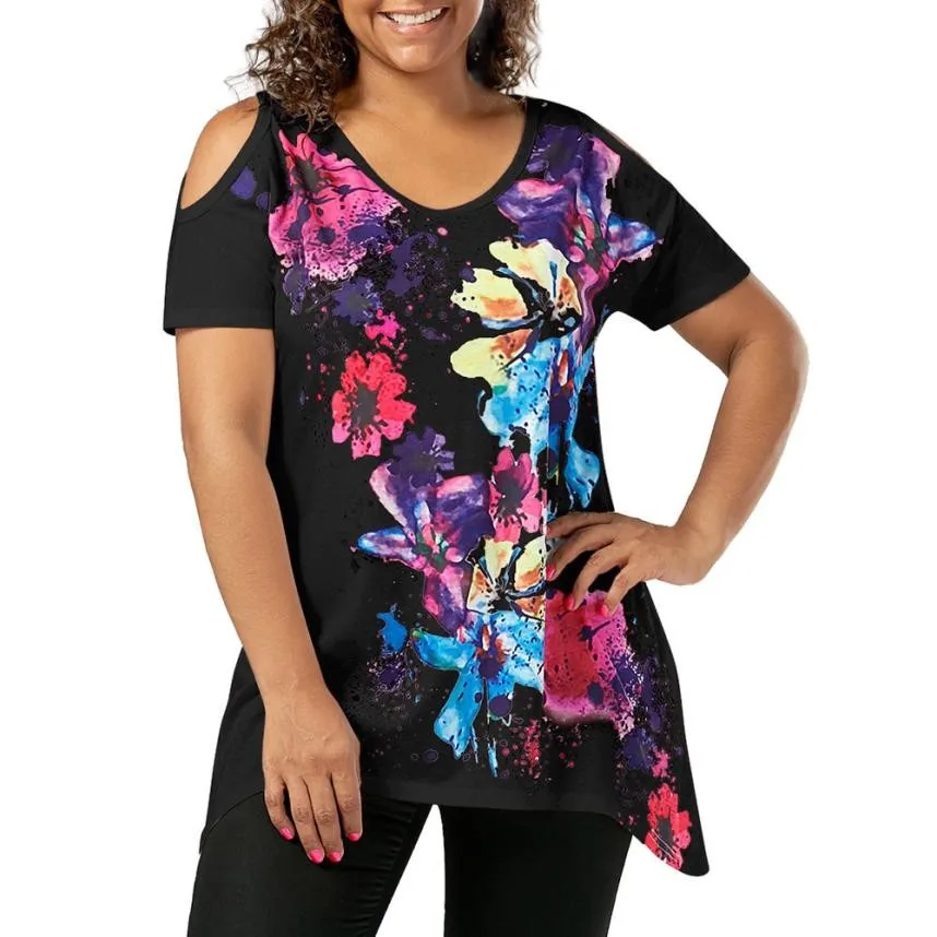 

Fashion Womens Plus Size 5XL Short Sleeve Cold Shoulder Floral Print Shirt Tops Strapless Blusa Feminina