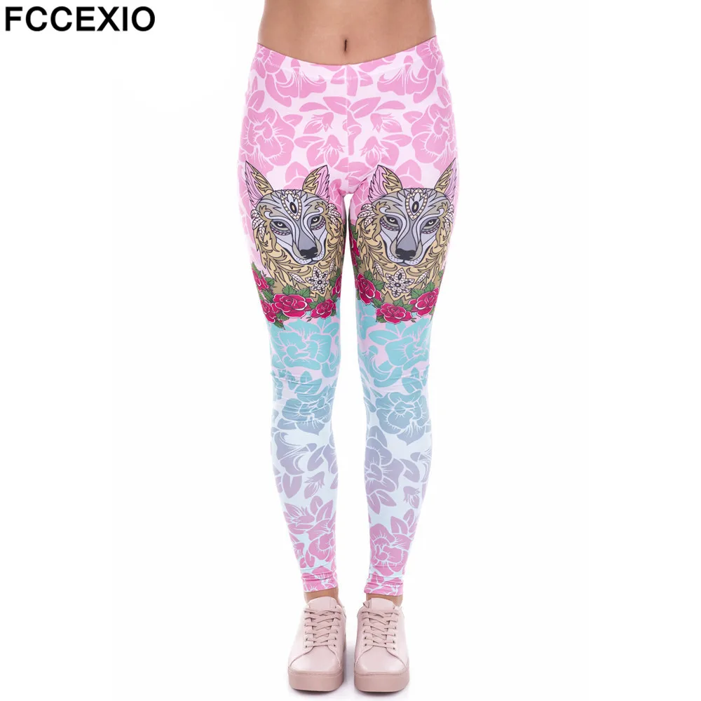 

FCCEXIO New Style Women Leggings High Waist Fitness Legging Fox and Rose Printed Leggins Female Pants Workout Slim Trousers