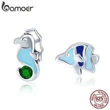 BAMOER 925 пробы серебряные серьги-гвоздики с эмалью в виде морского конька и тропической рыбы для женщин модные серебряные ювелирные изделия SCE433