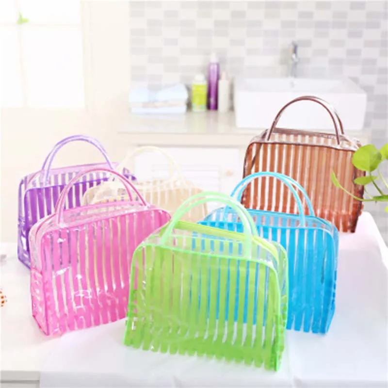 

Transparent PVC Zipper Cosmetic Makeup Organizer Bag Stripe Portable Waterproof Makeup Tool Storage Ladies Bag