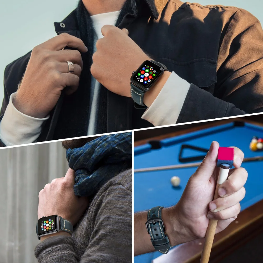 MAIKES для Apple Watch Band 42 мм 38 мм/44 40 серия 4/3/2/1 iWatch СИНИЙ Масляный воск кожаный ремешок