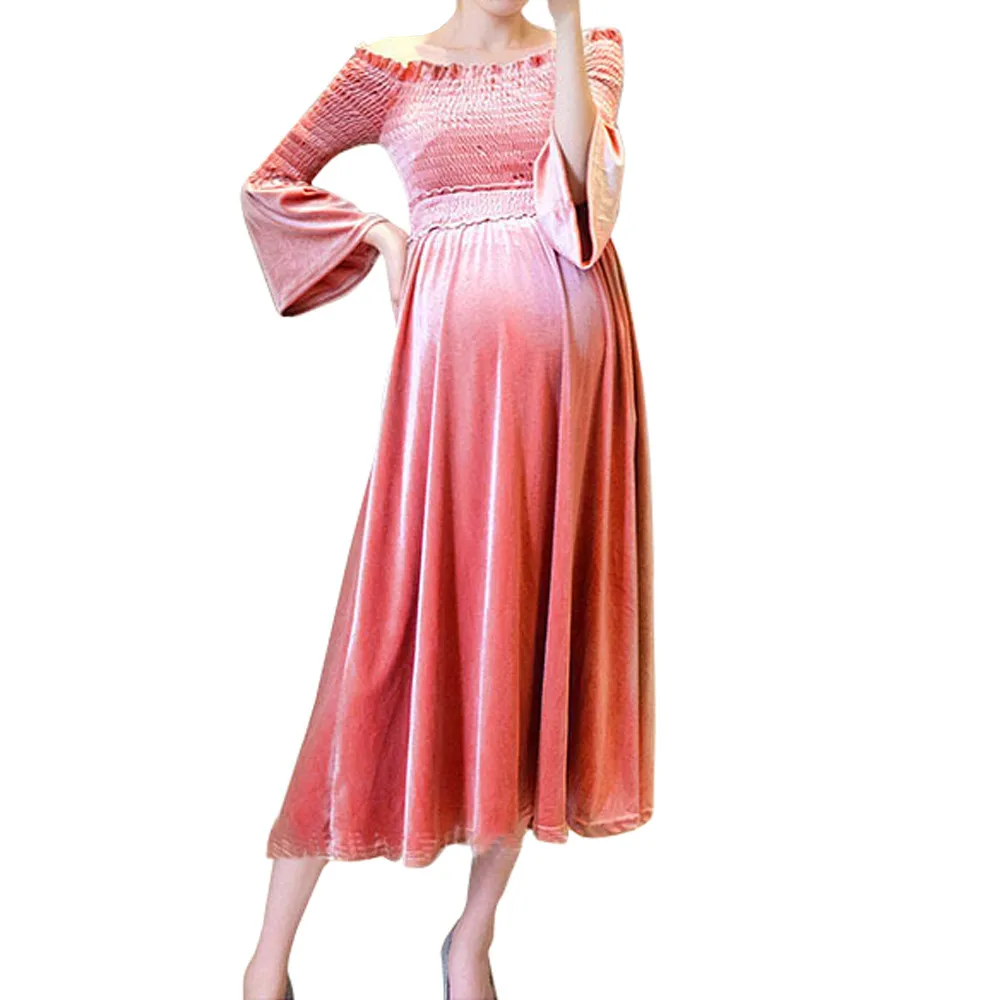 

Women Pregnants Sexy Baby For Maternity Off Shoulder Velvet Nursing Long Dress Elegant Flare Sleeve Pregnants Dress Clothes