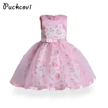 Printted Puckcovi Meninas Vestir Crianças roupas de Verão 2018 vestido de princesa vestidos de festa rosa Claro Vestidos Meninas vestidos de Casamento