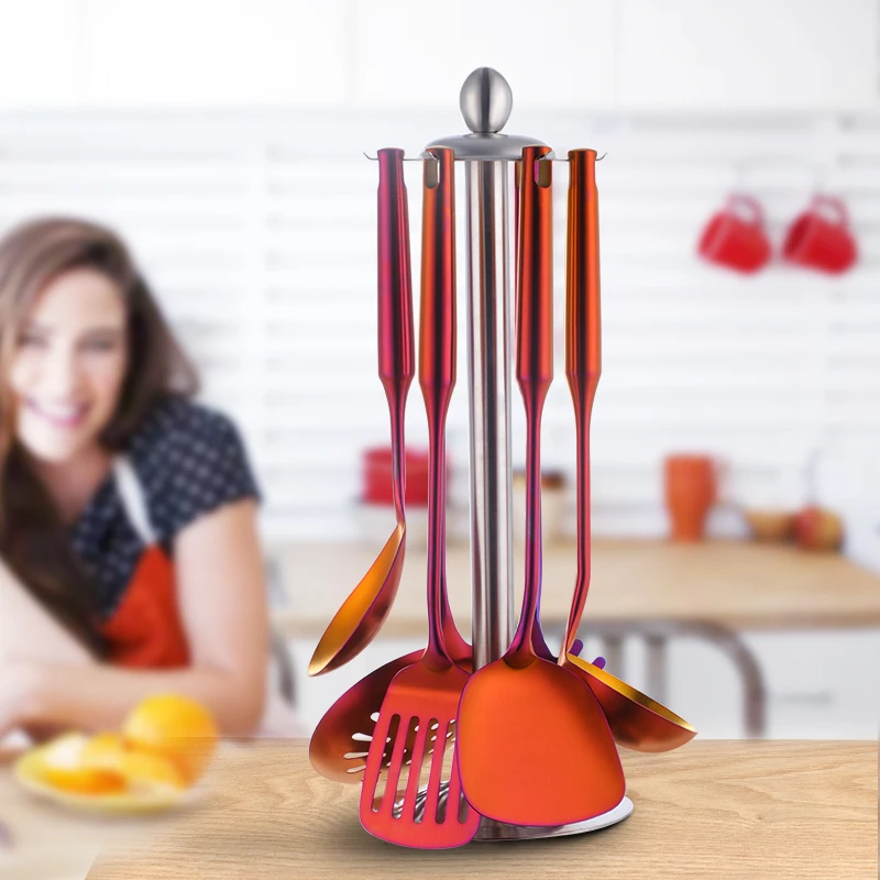  7PCS/Set Stainless Steel Rainbow Kitchen Utensils With Holder Cooking Tools Set Turner Ladle Spoon  - 32963673698