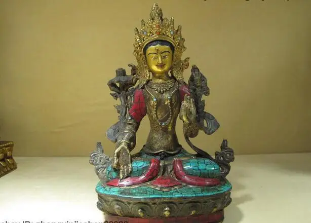 

Tibet Folk Pure bronze Gold Inlay Red Coral Turquoise White TaRa buddha statue