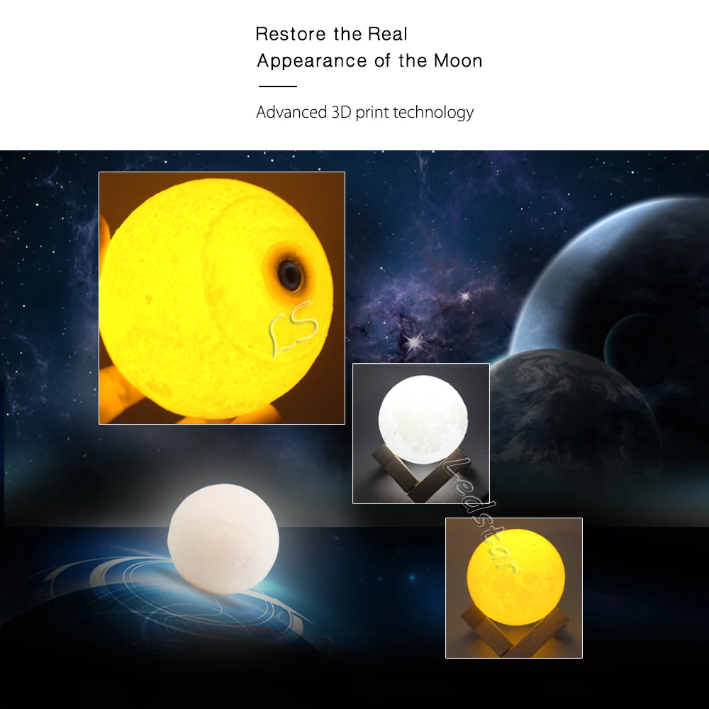 

Dimmable Rechargeable 3D Print Moon Lamp 2 Color Change Touch Switch Bedroom Bookcase Night Light Home Decor Creative Gift