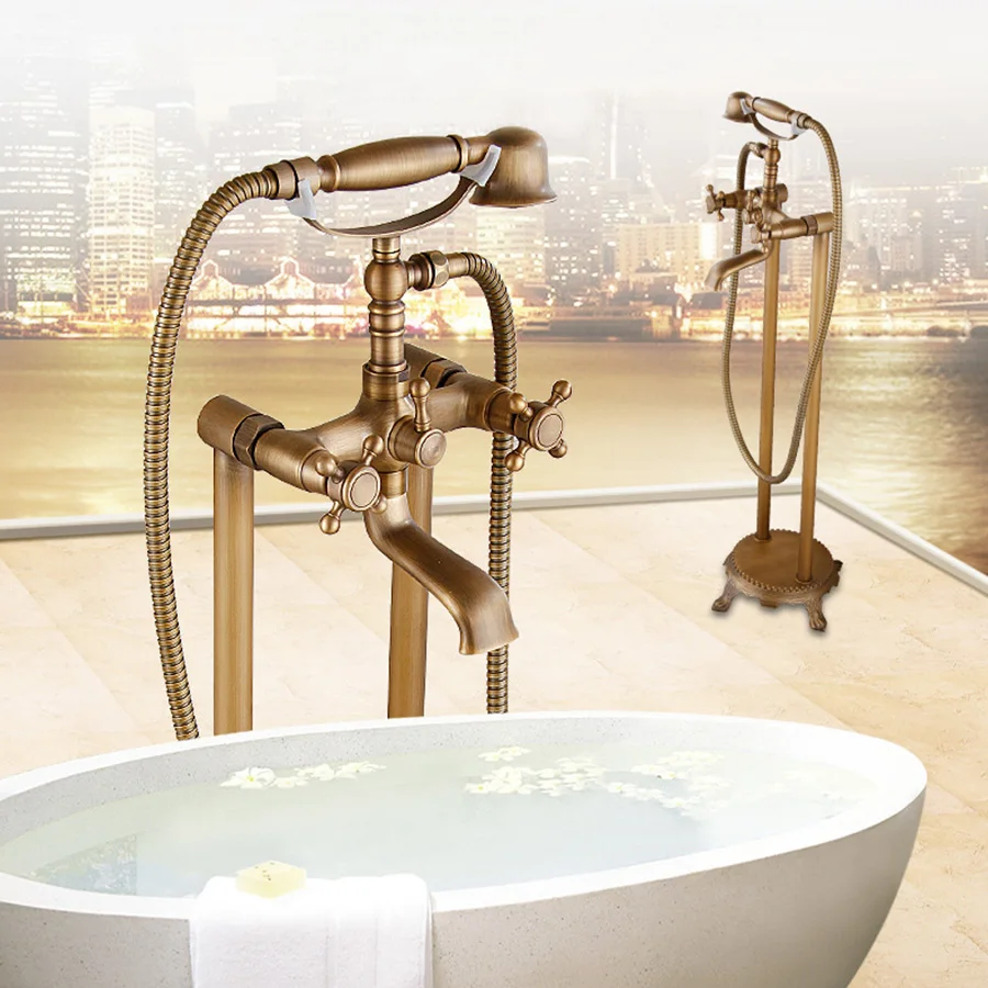 Antique Brass Bathroom Tub Faucet Floor Mounted Tub Filler Mixer Tap Hand Shower