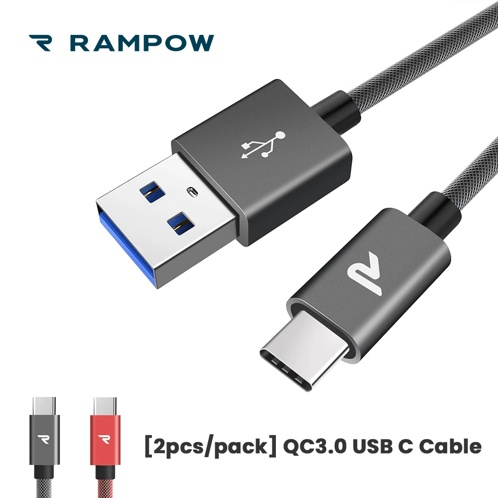 

[Lifetime Warranty] RAMPOW QC3.0 USB C Cable for Huawei P20, USB 3.1 Phone Charger USB Type C Cable for Samsung S9-[2pcs/pack]