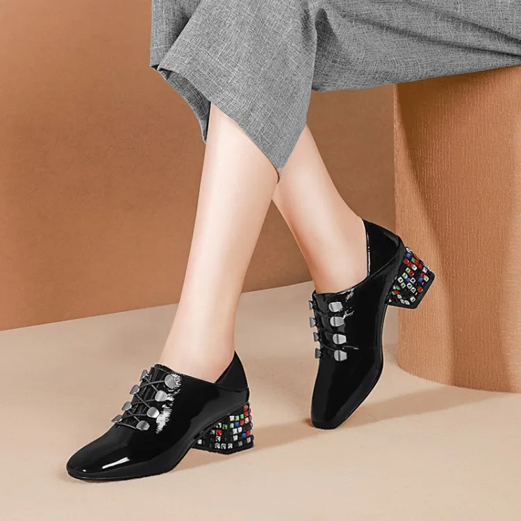 

zorssar 2019 women pumps autumn spring Cow leather square heel lace up crystal heel high heels lady shoes party dress size 34-42