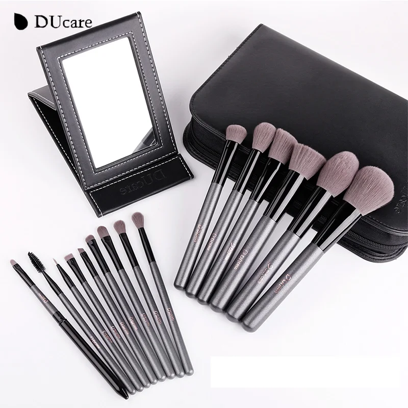 

DUcare 15Pcs Brown Hair Makeup Brushes Sets Professional Cosmetic Makeup Brush Kit With Bag And Portable Mirror
