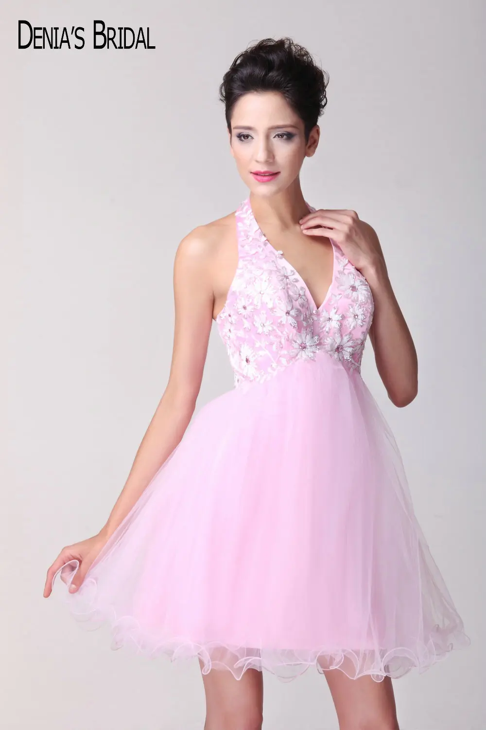 2017 Real Photos Pink Halter Mini Cocktail Dresses Appliques A Line