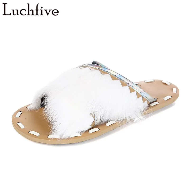

Hot Horsehair Slippers Women Sexy Open Toe White Flats Runaway Slip On Summer Slides Comfortable Shoes Woman