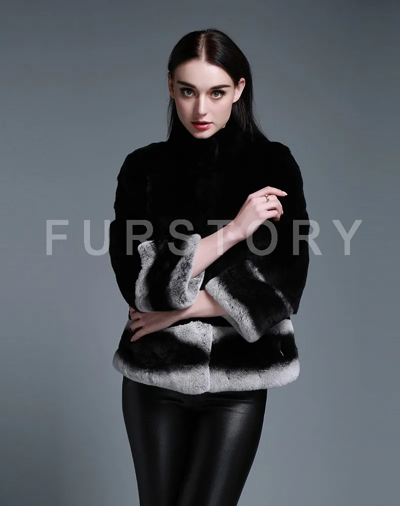 Fur Story 151264D женский Настоящий мех кролика пальто с шиншиллой цвет манжеты и подол размера плюс Черная куртка