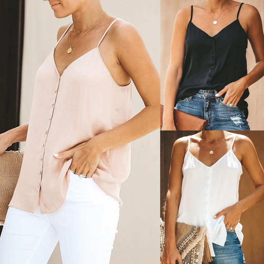 

Sexy Womens Sleeveless Vest Holiday Buttons Crop Women's fashion V-neck small sling Summer Shirts Casual Daily Style Beach cloth