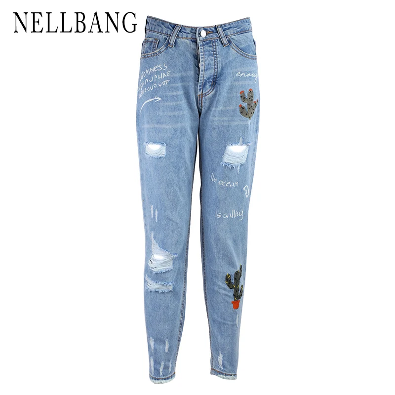 

NELLBANG Embroidery Hole Loose Straight Ripped mid-waist full-length cotton vintage women jeans 2017 new fashion