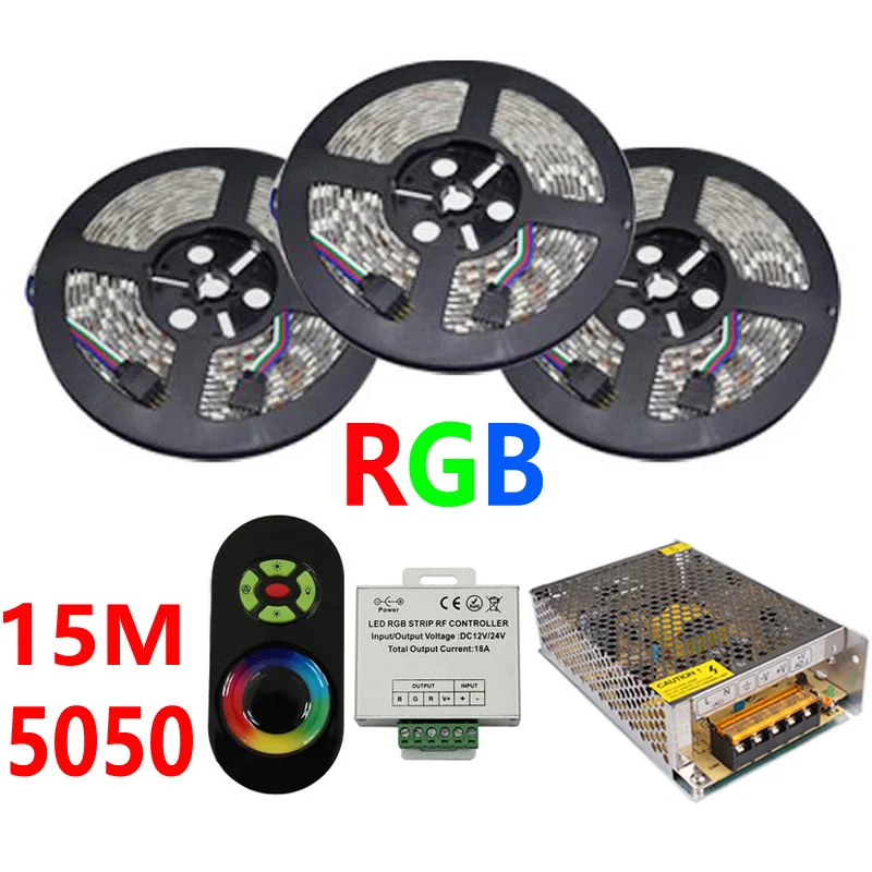15M 5050 RGB LED Strip Light 60Leds/M SMD Flexible LED Tape Lights+18A Wireless Touch Remote Controller+DC 12V Power Supply