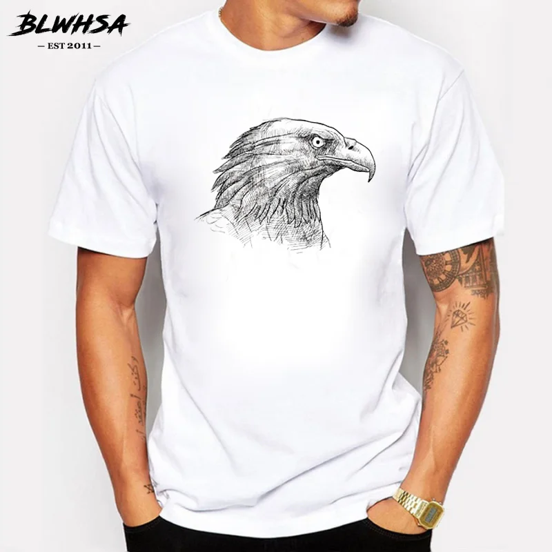 

BLWHSA New Arrivals Fashion Men T-shirt Summer Eagle Head Sketch Printed Man T Shirt Cool Top Novelty Cotton Tee