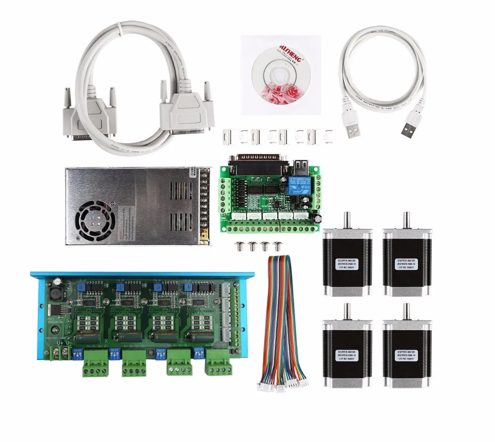 Driver de Motor Fonte de Alimentação Passo + Mach3 Board + 4 Motor + 36 Roteador Eixo Tb6600 Eixos 5 Breakout Peças Nema23 270oz-in v Cnc 4 Kit