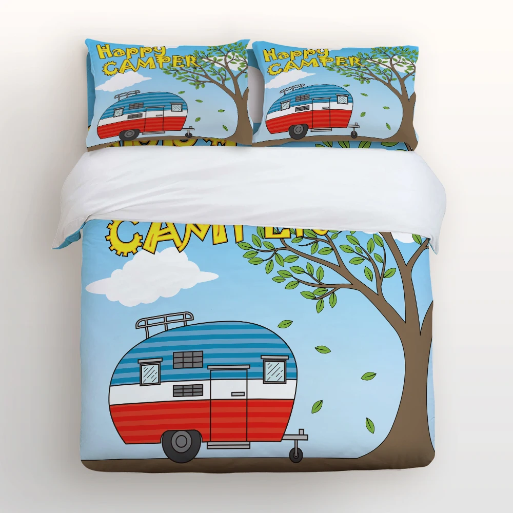 Duvet Cover Set With Zipper Closure Happy Camping Retro Caravan