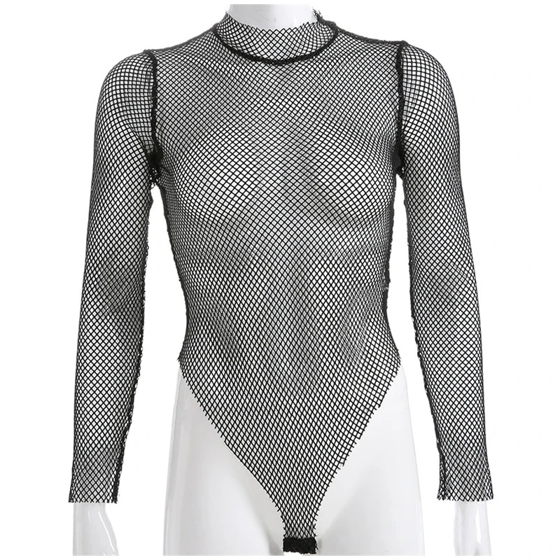 Rapwriter See Through Fishnet Bodysuit Black Skinny Sexy Bodysuits Women 2020 One Piece Long Sleeve Bodycon Open Crotch Bodysuit
