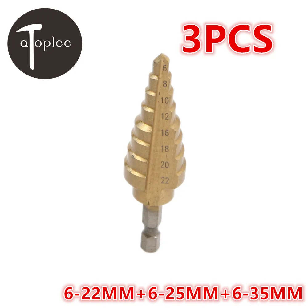 

3PCS Hole Cutter Cut Tool 6-22/25/35mm HSS Titanium Coated Stepped Drill Power Tools 1/4" Hex Shank Wood Metal Drilling