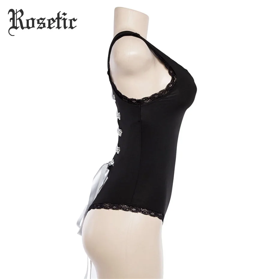 Rosetic Готический летний винтажный женский комбинезон, черный сексуальный обтягивающий Бандаж с лентой, открытая спина, тонкий элегантный модный пляжный комбинезон