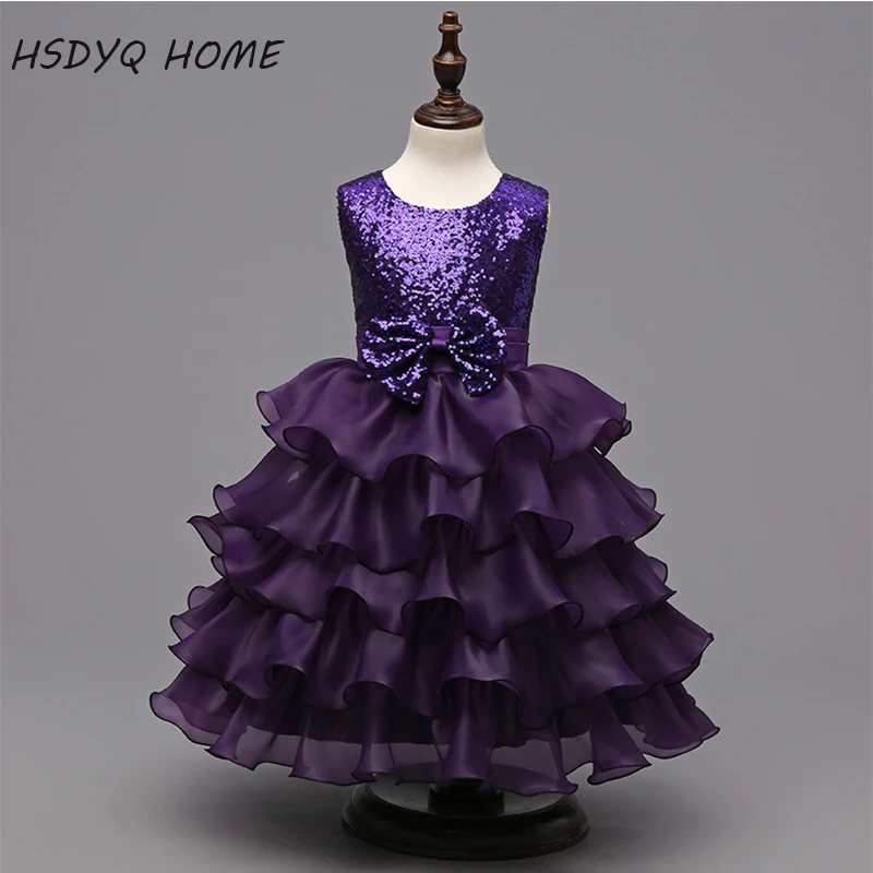 Новое поступление 2017 года фиолетовый для девочек в цветочек платья бальное платье детское платье с бантом и блестками детей платье
