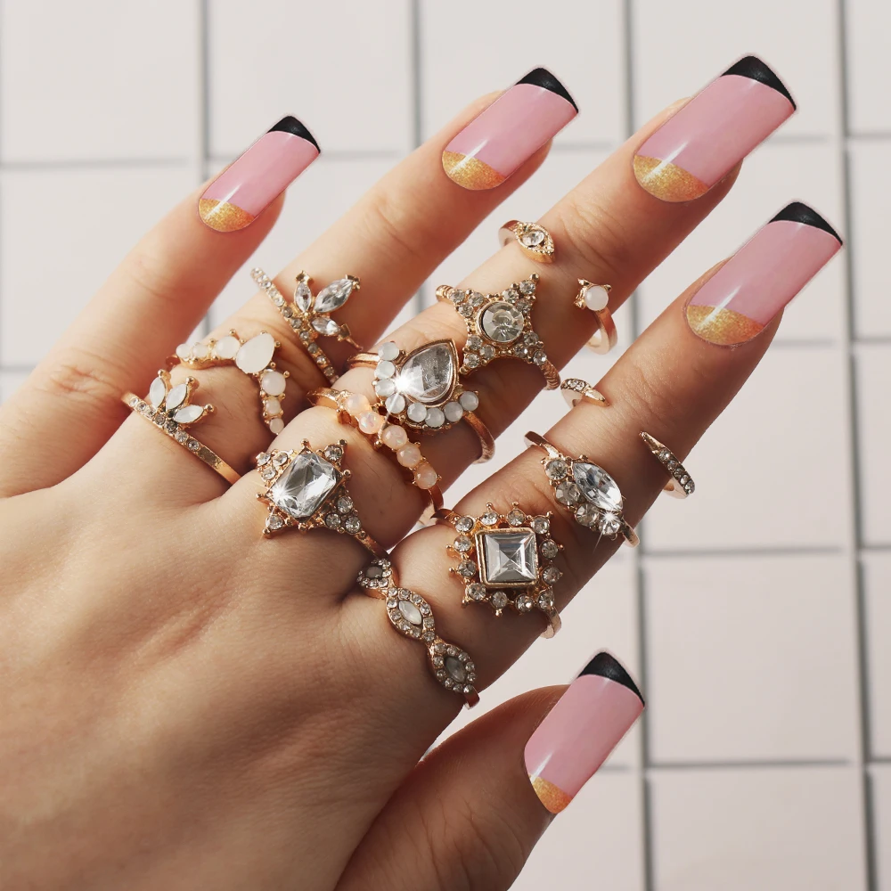 

12 Pcs/ Set Female Ring Set Personality Crown Water Drop Round Geometry Gem Crystal Gold Irregular Opening Ring Set Party Gift