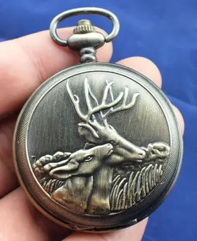 

Exquisite Chinese sculpture mechanical old pocket watch Sika deer- Double lid