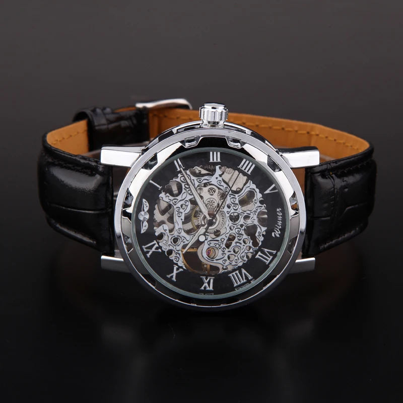 Men Watches Winner Luxury Mechanical Hand wind Skeleton black gold blue color leather band
