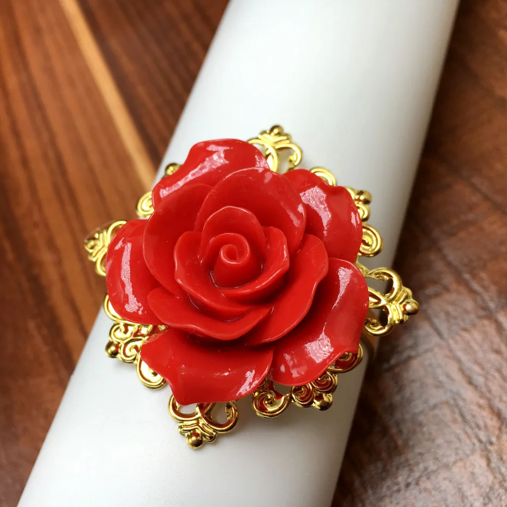 50Pieces Red Rose Flower Decor Gold Napkin Rings Holder Hoops Romantic