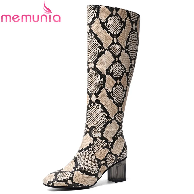 

MEMUNIA 2020 Plus size 34-48 women boots zip square crystal high heels autumn winter boots snake printing knee high boots female
