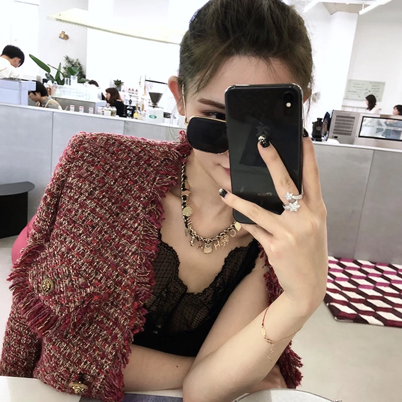 

Red Tweed Jacket one-piece Spring / Autumn women's jacket short New Small Fragrance Burr ladies jacket coat