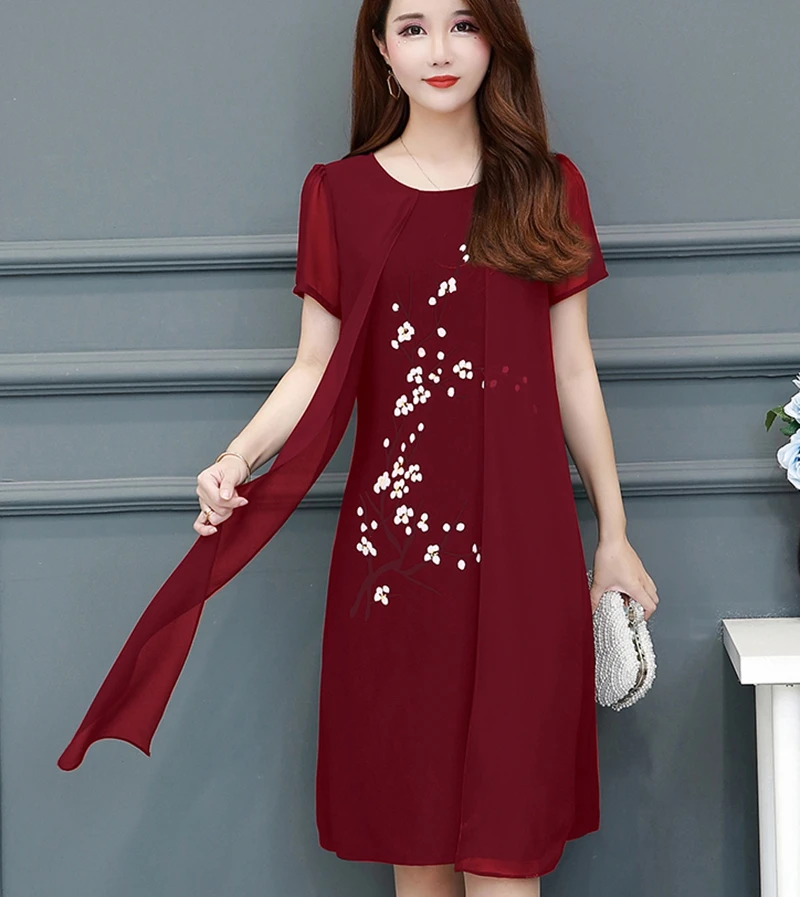 

Plus Size Office Chiffon Dress Women Summer Elegant Loose long Flower Print Chiffon Dress Ladies Short Sleeve Slim midi dress