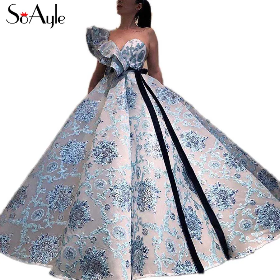 

SoAyle Ball Gown Prom Dresses 2018 Luxury Print Sweetheart Ruffles Arabia Dubai Fashion Prom Dresses Vestidos de festa longo