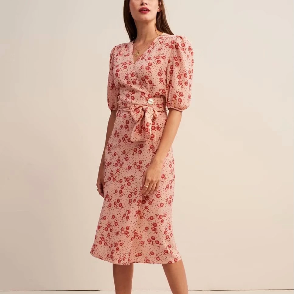 

Women Dress Summer 2019 New French Elegance Floral Print Sashes Half Midi Dress V-neck Receive the waist
