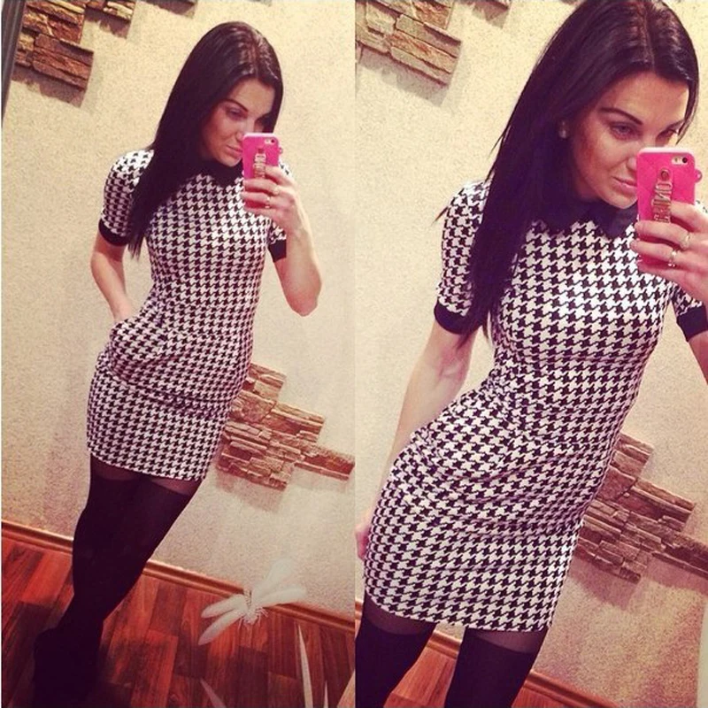 

slope long fashion party dress Floral Print Chiffon New Women Dress Slim Short Sleeved Plaid Print Bodycon Casual DressesY329