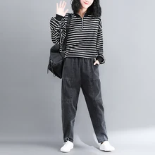 Осенние Зимние Джинсы бойфренда размера плюс женские винтажные Свободные плиссированные хлопковые джинсовые шаровары с высокой талией черные джинсы