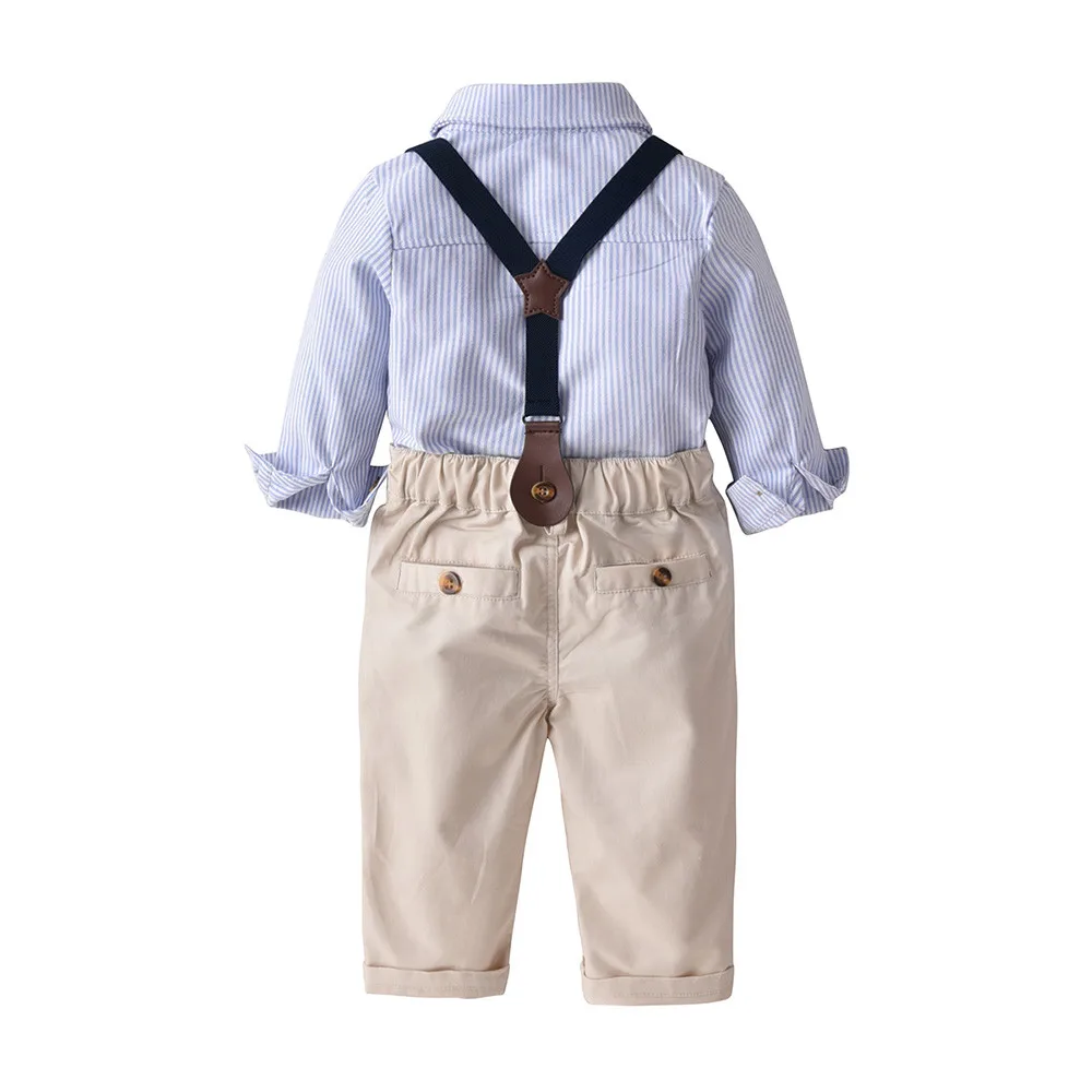 Лидер продаж, для маленьких детей для маленьких мальчиков полосатый джентльменская Бабочка рубашка с длинными рукавами+ комбинезон, комплекты со штанами; Прямая поставка; одежда для малышей