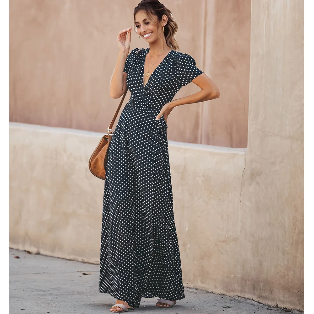 

Printing Polka Dot Casual Woman Dress 2019 Spring Summer V Neck Short Sleeve Boho Maxi Dresses Fit and Flare Midi Summer Vestido