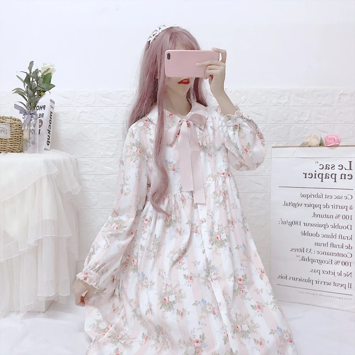 Женское платье с цветочным принтом свободное длинным рукавом и воротником Питер