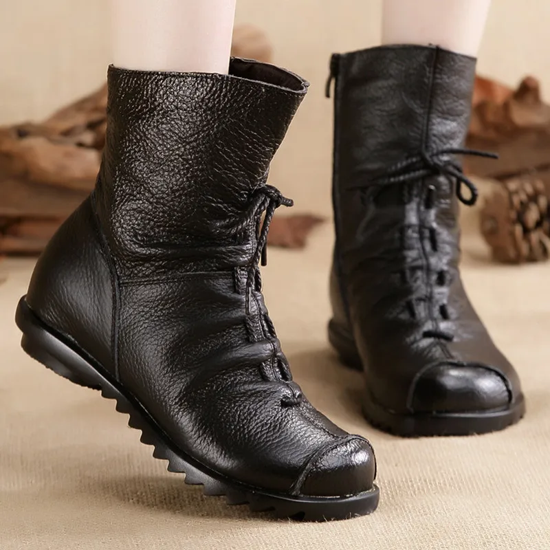 

Abedake brand 2018 women short boots casual leather Martin snow boots thick flat heel soft warm handmake autumn female boots