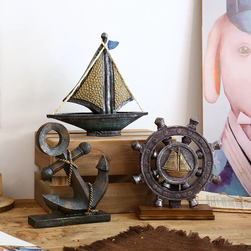 

Europe ocean resin sailing boat figures ship anchor decoration resin rudder figures shipping helm figure