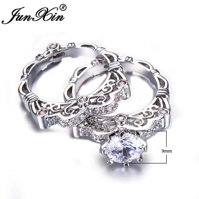 JUNXIN Boho Female Crystal Ring Set 925 Sterling Silver Filled Round White Zircon Engagement Couple Rings For Women Jewelry CZ
